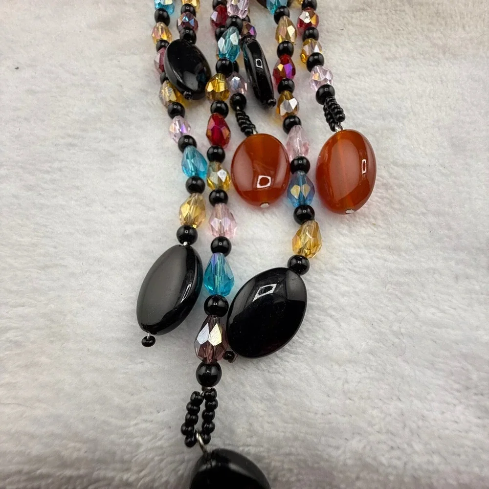 Joan Rivers Necklace Black Glass Floral Tassel Multi Strand 20